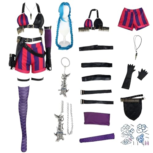 HSJZBQSM Arcanejinx Cosplay-Kostüm mit Perücke und Tattoo-Aufkleber – Komplettset – Halloween Jinxarcane Cosplay-Kostüme für Damen (B+Wig, XXL) von HSJZBQSM