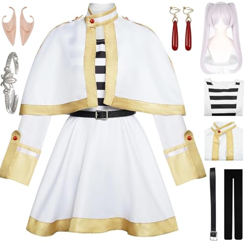 HSJZBQSM Fantasia de Cosplay Frieren, Vestido Branco com Peruca, Terno para Cosplay Frieren no Funeral, Festa de Halloween (Frieren1+Perücke, Small) von HSJZBQSM