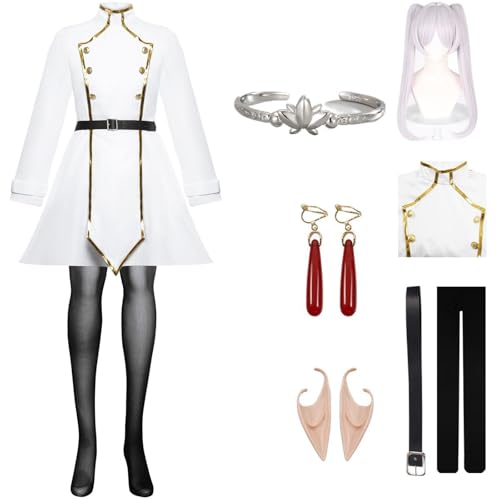 HSJZBQSM Fantasia de Cosplay Frieren, Vestido Branco com Peruca, Terno para Cosplay Frieren no Funeral, Festa de Halloween (Frieren2+Perücke, X-Large) von HSJZBQSM