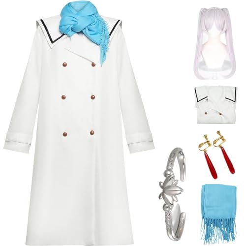 HSJZBQSM Fantasia de Cosplay Frieren, Vestido Branco com Peruca, Terno para Cosplay Frieren no Funeral, Festa de Halloween (Frieren3+Perücke, X-Large) von HSJZBQSM