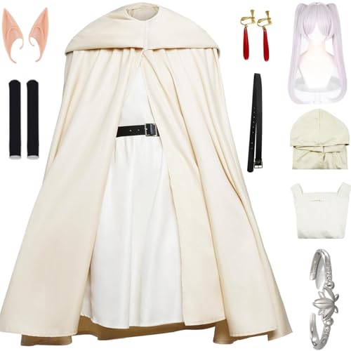 HSJZBQSM Fantasia de Cosplay Frieren, Vestido Branco com Peruca, Terno para Cosplay Frieren no Funeral, Festa de Halloween (Frieren4+Perücke, X-Small) von HSJZBQSM
