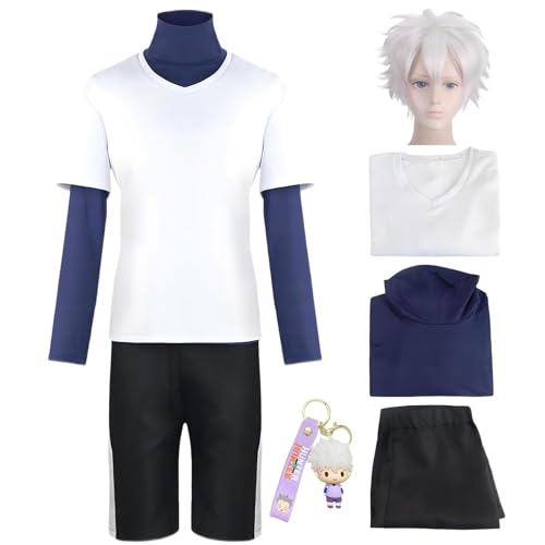 HSJZBQSM Killua Zoldyck Cosplay Kostüm mit Perücke, Killua Kostüm, weiße Uniform, 3-teiliges Outfit, Halloweenkostüm (Weiß + Perücke, 3X-Large) von HSJZBQSM