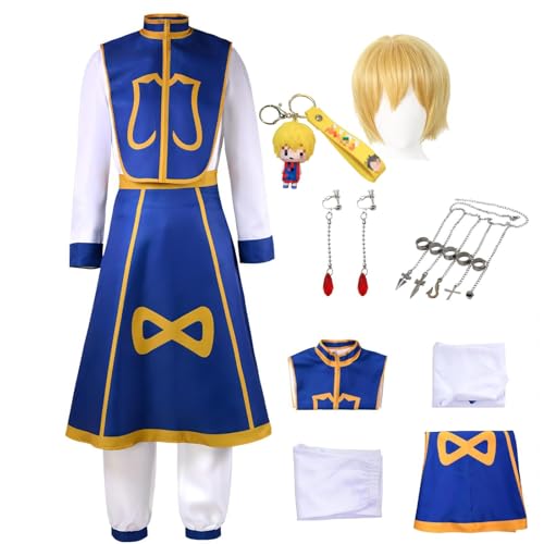 HSJZBQSM Kurapika Cosplay Kostüm Blau Set mit Perücke, Ohrringen, Kurapika Ketten, Ring, Halloween-Partyanzug (Blaue+Perücke, X-Large) von HSJZBQSM