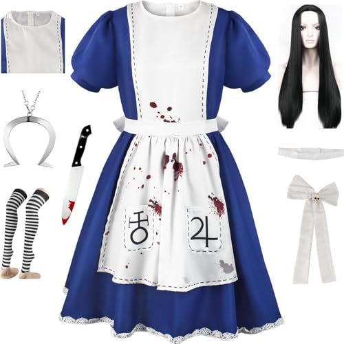 HSJZBQSM Madness Returns Cosplay Alice-Kostüm mit Halskette, Dienstmädchen-Kleid-Set, Halloween-Wahnsinn-Kostümparty (Blau-A+Perücke, XL) von HSJZBQSM