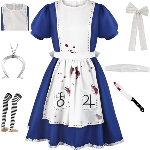 HSJZBQSM Madness Returns Cosplay Alice-Kostüm mit Halskette, Dienstmädchen-Kleid-Set, Halloween-Wahnsinn-Kostümparty (Blau-A, XS) von HSJZBQSM
