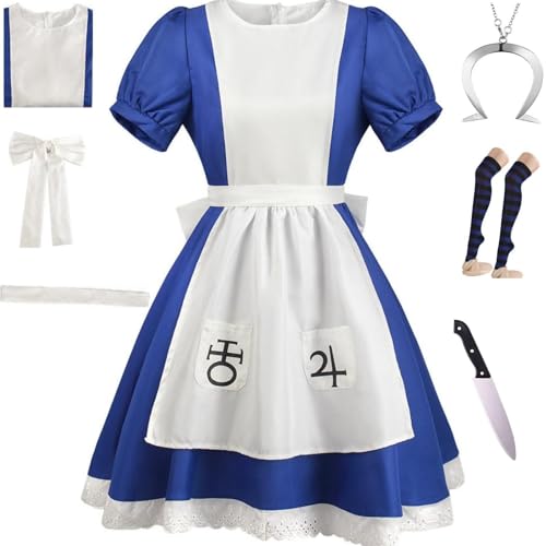 HSJZBQSM Madness Returns Cosplay Alice-Kostüm mit Halskette, Dienstmädchen-Kleid-Set, Halloween-Wahnsinn-Kostümparty (Blau-B, L) von HSJZBQSM