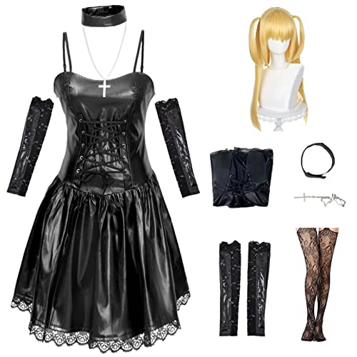 HSJZBQSM Misa Amane Cosplay Anime Kostüm Death Note Dothic Schwarzes Kleid Lolita Cosplay Kostüm Halloween Set (Black+Wig, XXL) von HSJZBQSM