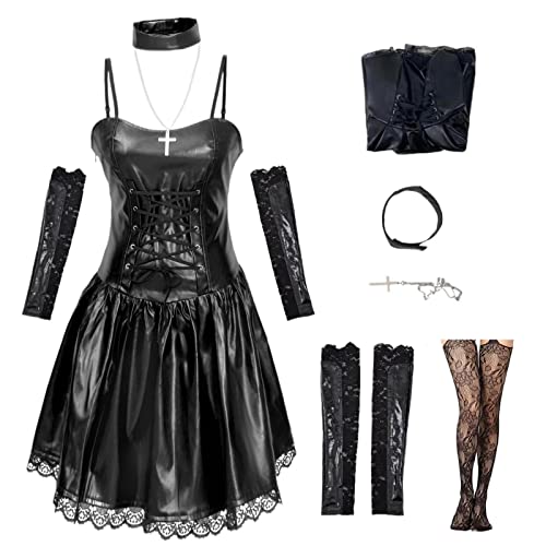 HSJZBQSM Misa Amane Cosplay Anime Kostüm Death Note Dothic Schwarzes Kleid Lolita Cosplay Kostüm Halloween Set (Black, M) von HSJZBQSM