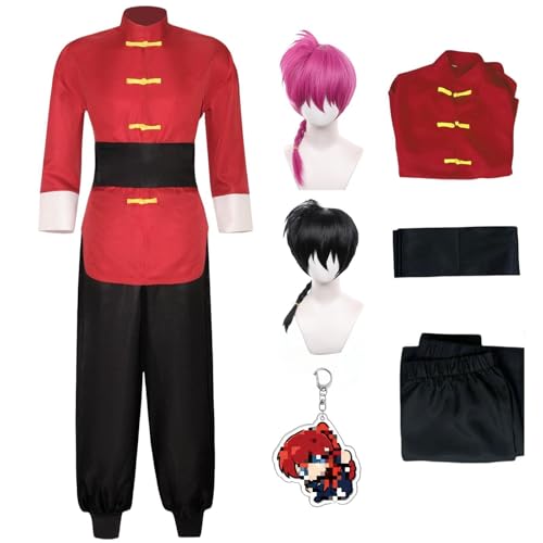 HSJZBQSM Ranma 1/2 Cosplay-Kostüm, roter Kung-Fu-Anzug mit Perücke, Halloween-Party, Ranma-Cosplay-Anzug (Damen + Perücken (2), M) von HSJZBQSM