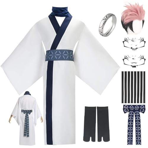 HSJZBQSM Ryomen Sukuna Cosplay Costume with Wig Ring Tattoo Sticker White Kimono Set Halloween Anime Kimono Outfit (Weiße+Perücke, XXL) von HSJZBQSM