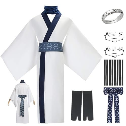 HSJZBQSM Ryomen Sukuna Cosplay Costume with Wig Ring Tattoo Sticker White Kimono Set Halloween Anime Kimono Outfit (Weiße, L) von HSJZBQSM