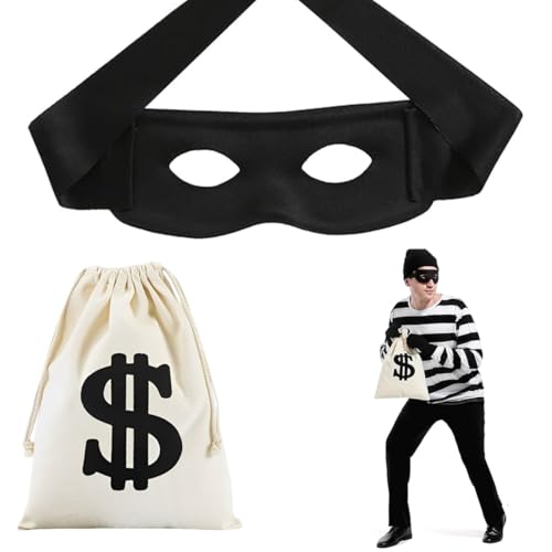 HSKRKOW 2 Stück Geldsack Und Einbrecher Maske Für Kinder & Erwachsene An Fasching & Karneval,Money Bag, Turnbeutel Dollar-Zeichen Symbol Geldsack,Panzerknacker Kostüm von HSKRKOW