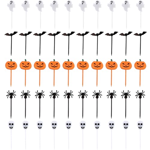 50 Stück Halloween Obstgabel, Cupcake Topper Tortendeko, Kuchendeko, Wiederverwendbar für Kinder, Mit Geist, Fledermaus, Kürbis, Spinne, Totenkopf, für Lebensmittel von HSLPSM