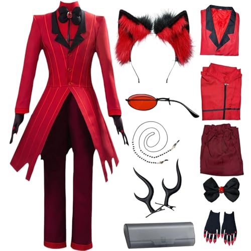 HSLXSM Alastor Cosplay Kostüm Hazbinhotel Cosplay Roter Anzug mit Perücke Haarschmuck Brille Halloween Anime Kostüm (Rot, 2XL) von HSLXSM