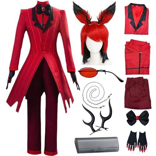 HSLXSM Alastor Cosplay Kostüm Hazbinhotel Cosplay Roter Anzug mit Perücke Haarschmuck Brille Halloween Anime Kostüm (Rot + Perücke, S) von HSLXSM