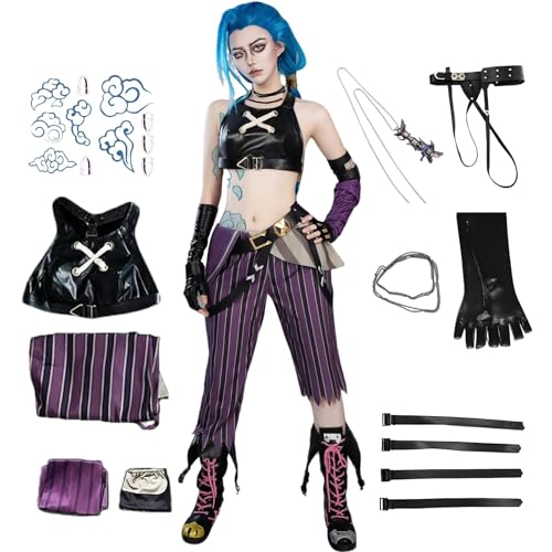 HSLXSM Jinxarcane Cosplay-Kostüm mit blauer langer Perücke Zubehör schwarzen Handschuhen Gürtel Tattoo-Aufklebern Halloween-Set (Lila, M) von HSLXSM