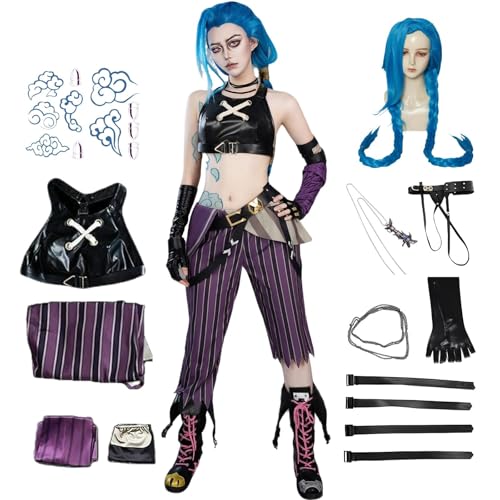 HSLXSM Jinxarcane Cosplay-Kostüm mit blauer langer Perücke Zubehör schwarzen Handschuhen Gürtel Tattoo-Aufklebern Halloween-Set (Lila + Perücke, M) von HSLXSM