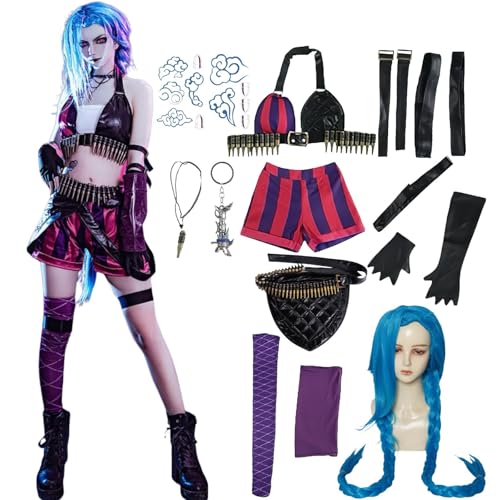 HSLXSM Jinxarcane Cosplay-Kostüm mit blauer langer Perücke Zubehör schwarzen Handschuhen Gürtel Tattoo-Aufklebern Halloween-Set (Rosa+Perücke, L) von HSLXSM