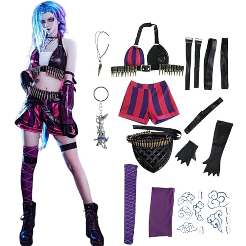 HSLXSM Jinxarcane Cosplay-Kostüm mit blauer langer Perücke Zubehör schwarzen Handschuhen Gürtel Tattoo-Aufklebern Halloween-Set (Rosa, L) von HSLXSM