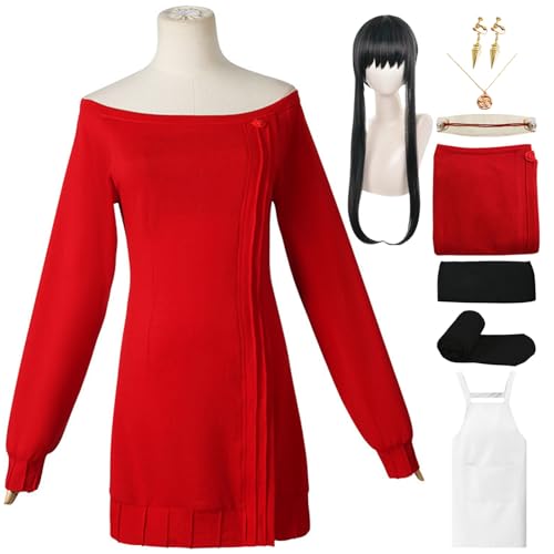 HSLXSM Yor Forger Cosplay-Kostüm rotes Pulloverkleid weiße Schürze mit Perücke Kopfschmuck schwarze Strümpfe Halloween-Weihnachtsset (1red+wig, M) von HSLXSM