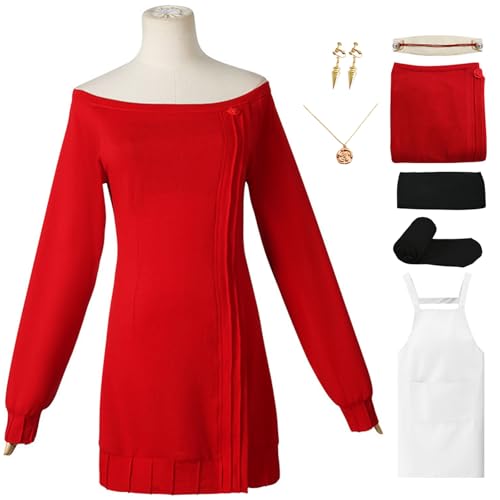 HSLXSM Yor Forger Cosplay-Kostüm rotes Pulloverkleid weiße Schürze mit Perücke Kopfschmuck schwarze Strümpfe Halloween-Weihnachtsset (1red, S) von HSLXSM