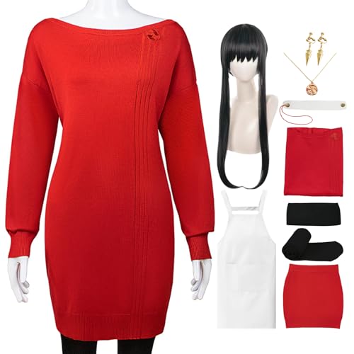 HSLXSM Yor Forger Cosplay-Kostüm rotes Pulloverkleid weiße Schürze mit Perücke Kopfschmuck schwarze Strümpfe Halloween-Weihnachtsset (2red+wig, M) von HSLXSM