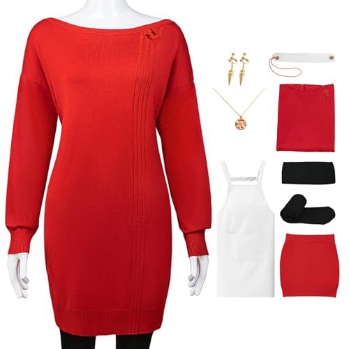 HSLXSM Yor Forger Cosplay-Kostüm rotes Pulloverkleid weiße Schürze mit Perücke Kopfschmuck schwarze Strümpfe Halloween-Weihnachtsset (2red, XXL) von HSLXSM