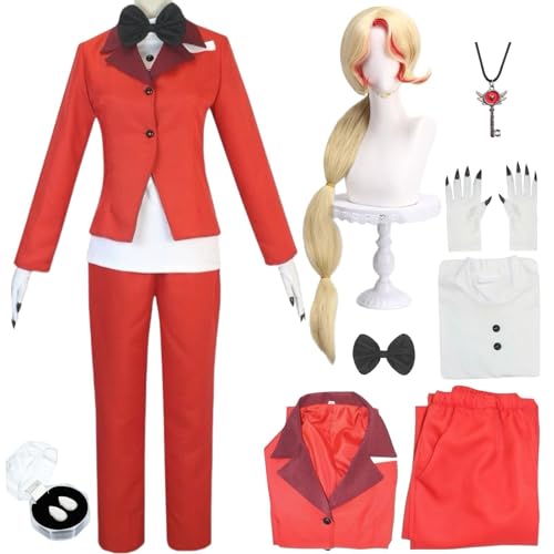 Hazbin Hotel Cosplay Red Charlie Morningstar Kostüm mit Perücke, Halskette und Zähnen, Handschuhen, Halloween-Set (Rot+Perücke, M) von HSLXSM