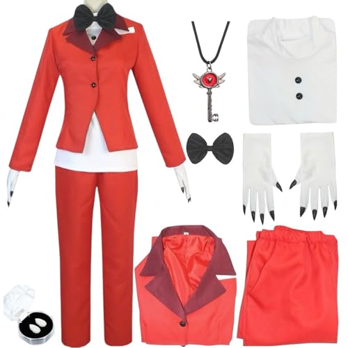 Hazbin Hotel Cosplay Red Charlie Morningstar Kostüm mit Perücke, Halskette und Zähnen, Handschuhen, Halloween-Set (Rot, M) von HSLXSM