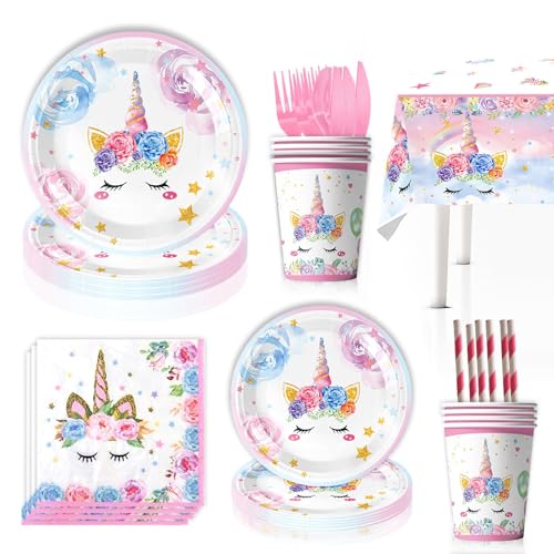 Einhorn Partygeschirr Set, 91 Stück Einhorn Teller Set, Einhorn Geburtstag Geschirr, Geburtstag Party Geschirr Set mit Teller Becher Servietten Besteck und Tischdecke für Einhorn Party Deko Mädchen Einhorn Partygeschirr Set, 91 Stück Einhorn Teller Set, Einhorn Geburtstag Geschirr, Geburtstag Party Geschirr Set mit Teller Becher Servietten Besteck und Tischdecke für Einhorn Party Deko Mädchen von HSMHLYYB