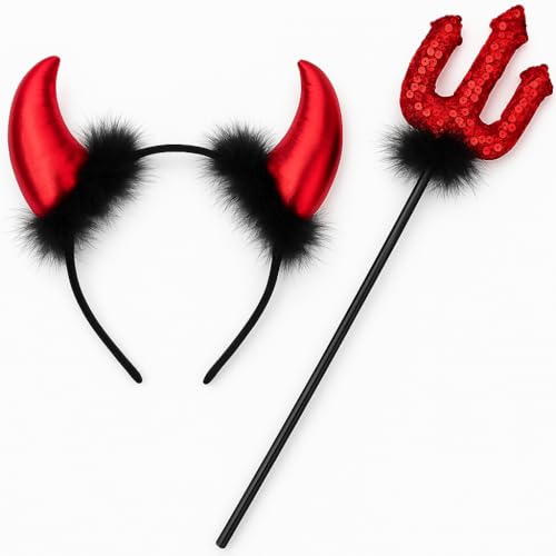 HSSPYY Teufel Haarreif mit Hörnern & Pailletten-Dreizack – Halloween Kostüm Zubehör für Erwachsene & Kinder, Teufel Verkleidung Set für Karneval, Motto-Partys & Cosplay von HSSPYY