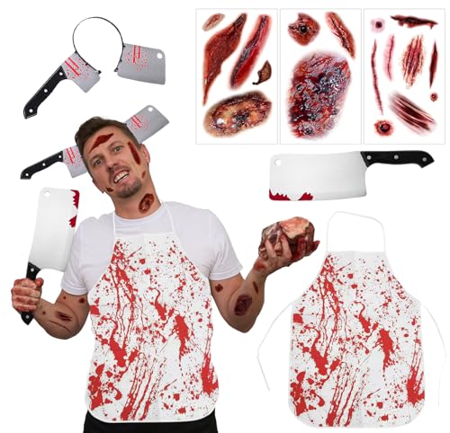 HSYWSH 6 Metzger Kostüm Halloween Blutiges Messer Metzger,Kostüm Halloween Schlachter Horror Set mit Blutige Schürze,Blutige Haarschmuck,Messer,Zombie Scars Tattoo Damen Herren (Mehrfarbig 1) von HSYWSH