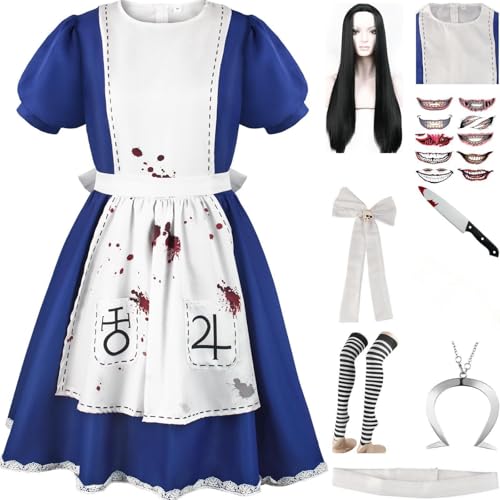 HSZCSMGS Alicemadness Returns Cosplay Kostüm Dienstmädchen Kleid Halskette Perücke Set Alice Madnessreturns Cosplay Kostüm Halloween Party (Blau + Perücke, M) von HSZCSMGS