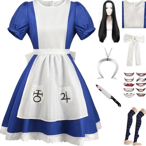 HSZCSMGS Alicemadness Returns Cosplay Kostüm Dienstmädchen Kleid Perücke Set Halloween Party Alice Madnessreturns Cosplay Kostüm (Blau + Perücke, XS) von HSZCSMGS