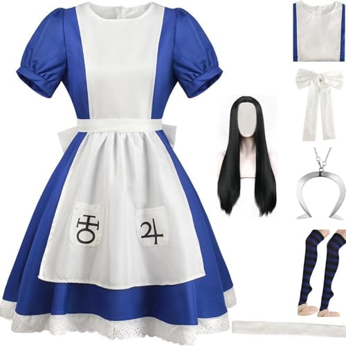HSZCSMGS Alicemadness Returns Cosplay Kostüm Kleid Dienstmädchen Kostüm Perücke Halskette Set Alice Madnessreturns Kostüm Halloween Party (Blau+A+Perücke, S) von HSZCSMGS