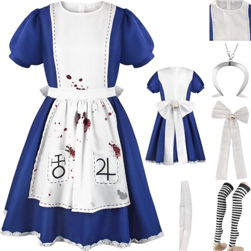 HSZCSMGS Alicemadness Returns Cosplay Kostüm Kleid Dienstmädchen Kostüm Perücke Halskette Set Alice Madnessreturns Kostüm Halloween Party (Blau, XS) von HSZCSMGS