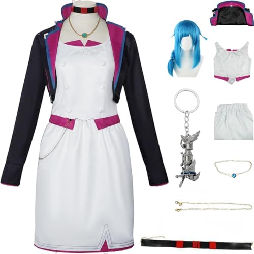 HSZCSMGS Arcanejinxs Cosplay Kostüm Kleid Mantel Schlüsselanhänger Perücke Set Jinxarcane Cosplay Kostüm Halloween Party (Weiß + Perücke, XXXL) von HSZCSMGS