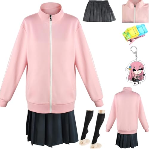 HSZCSMGS Bocchi Therock Cosplay Kostüm Top Skirt Perücke Kopfschmuck Set Gotoh Hitori Cosplay Kostüm Halloween-Party (Rosa, S) von HSZCSMGS