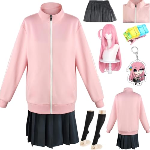 HSZCSMGS Bocchi Therock Cosplay Kostüm Top Skirt Perücke Kopfschmuck Set Gotoh Hitori Cosplay Kostüm Halloween-Party (Rosa + Perücke, XXXL) von HSZCSMGS