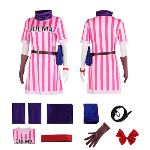 HSZCSMGS Bulma Cosplay Kostüm Gestreiftes Kleid Bulma Perücke Zubehör Set Bulma Kostüm Halloween Party (Rosa+A, M) von HSZCSMGS