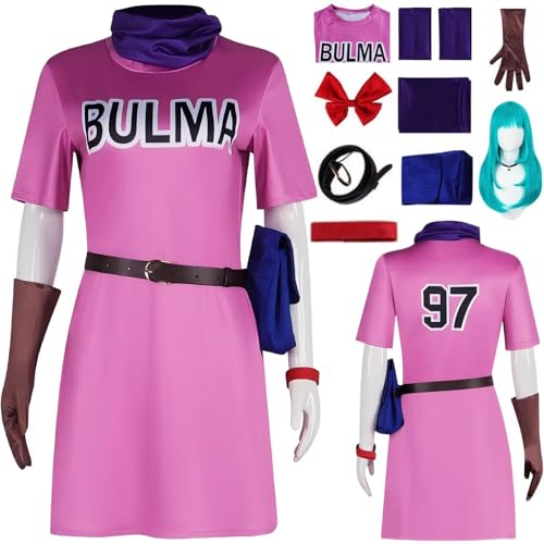 HSZCSMGS Bulma Cosplay Kostüm Gestreiftes Kleid Bulma Perücke Zubehör Set Bulma Kostüm Halloween Party (Rosa + Perücke, XL) von HSZCSMGS