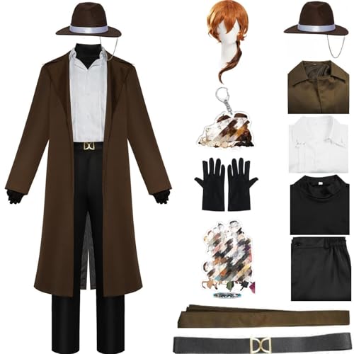 HSZCSMGS Chuuya Cosplay Kostüm Hemd Mantel Chuuya Perücke Set Dazai Osamu Cosplay Chuuya Nakahara Cosplay Halloween-Party (Braun + Perücke, XL) von HSZCSMGS