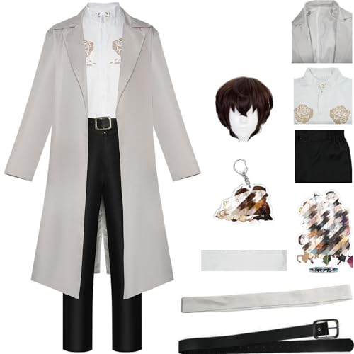 HSZCSMGS Dazai Osamu Cosplay Kostüm Hemd Windjacke Dazai Perücke Set Dazai Cosplay Chuuya Kostüm Halloween-Party (Grau + Perücke, XXL) von HSZCSMGS