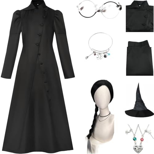 HSZCSMGS Elphaba Kostüm Damen Brille Rock Outfit Halloween Party Elphaba Cosplay Kostüm Glinda Kostüm (Schwarz + Perücke, M) von HSZCSMGS
