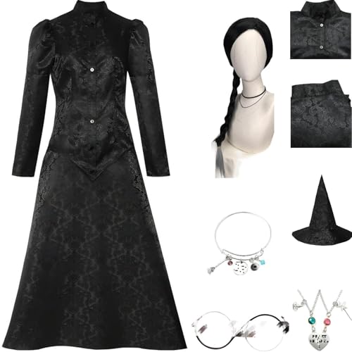 HSZCSMGS Elphaba Kostüm Frauen Bedrucktes Kleid Brillenset Halloween Party Elphaba Cosplay Kostüm Glinda Kostüm (Schwarz + Perücke, M) von HSZCSMGS