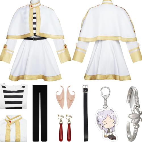 HSZCSMGS Frieren Cosplay Kostüm Damen Kleid Zubehör Frieren Perücken Set Frieren Beyond Journey'send Cosplay Kostüm Halloween Party (Weiß, S) von HSZCSMGS