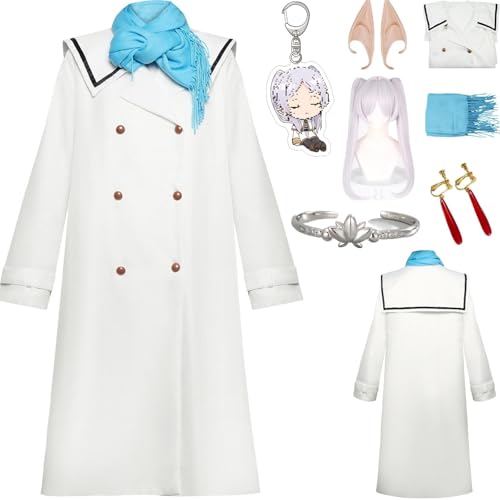 HSZCSMGS Frieren Cosplay Kostüm Damen Kleid Zubehör Frieren Perücken Set Frieren Beyond Journey'send Cosplay Kostüm Halloween Party (Weiß + B+Perücke, XS) von HSZCSMGS