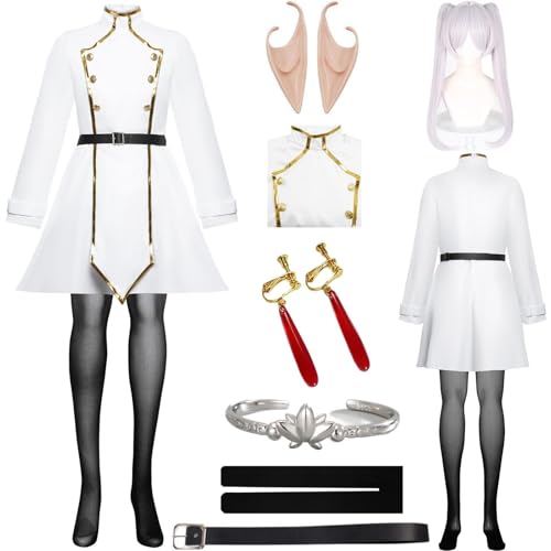 HSZCSMGS Frieren Cosplay Kostüm Damen Kleid Zubehör Frieren Perücken Set Frieren Beyond Journey'send Cosplay Kostüm Halloween Party (Weiß +A+ Perücke, L) von HSZCSMGS
