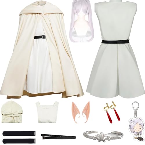 HSZCSMGS Frieren Cosplay Kostüm Damen Kleid Zubehör Frieren Perücken Set Frieren Beyond Journey'send Cosplay Kostüm Halloween Party (Weiß +C+ Perücke, XS) von HSZCSMGS