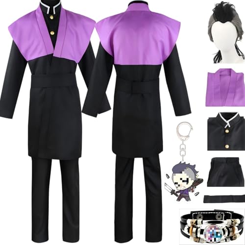 HSZCSMGS Genya Shinazugawa Cosplay Kostüm Top Hosen Perücke Uniform Set Halloween Party Kostüm Shinazugawa Genya Cosplay Kostüm (Schwarz + Perücke, XXXL) von HSZCSMGS